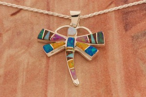 Calvin Begay Fire and Ice Opal Sterling Silver Dragonfly Pendant